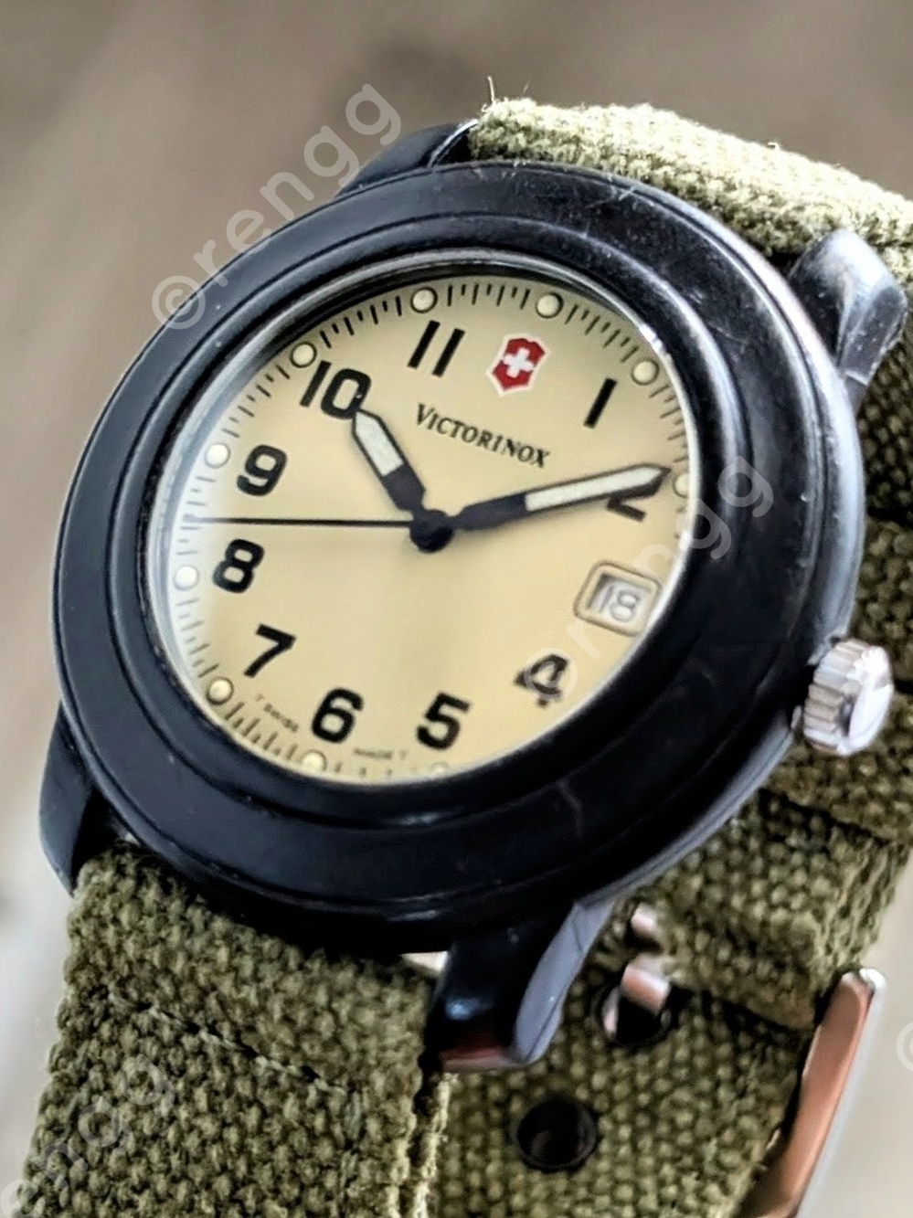 Vintage 40mm Victorinox Beige Dial Field Watch on Olive Canvas Strap Sapphire